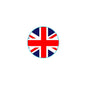 Round Union Jack pinback button with red, white, and blue UK flag design