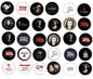 Round themed button pins in a bulk pack, featuring assorted illustrated faces and logos