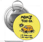 Metal round keychain bottle opener with yellow MOM'S TAXI CO. graphic and taxi icon