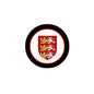 Round pinback badge with black border and red-gold crest shield enamel design