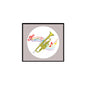 2.25-inch trumpet cartoon pinback button with musical notes and treble clef