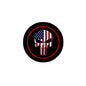 Round black lapel pin with red outline and U.S. flag skull design