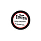 Round black 1.25-inch pinback button with white center, Samhain lettering and black cat graphic