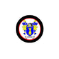 Round black-framed family crest coat of arms magnet with blue and yellow shield