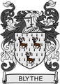 Blythe family crest coat of arms magnet, dark shield with BLYTHE banner and animal figures