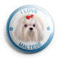 I Love Dogs pinback button badge, 1.25-inch, Maltese dog with red bow