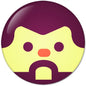Round pinback button with yellow face and angry expression, maroon rim