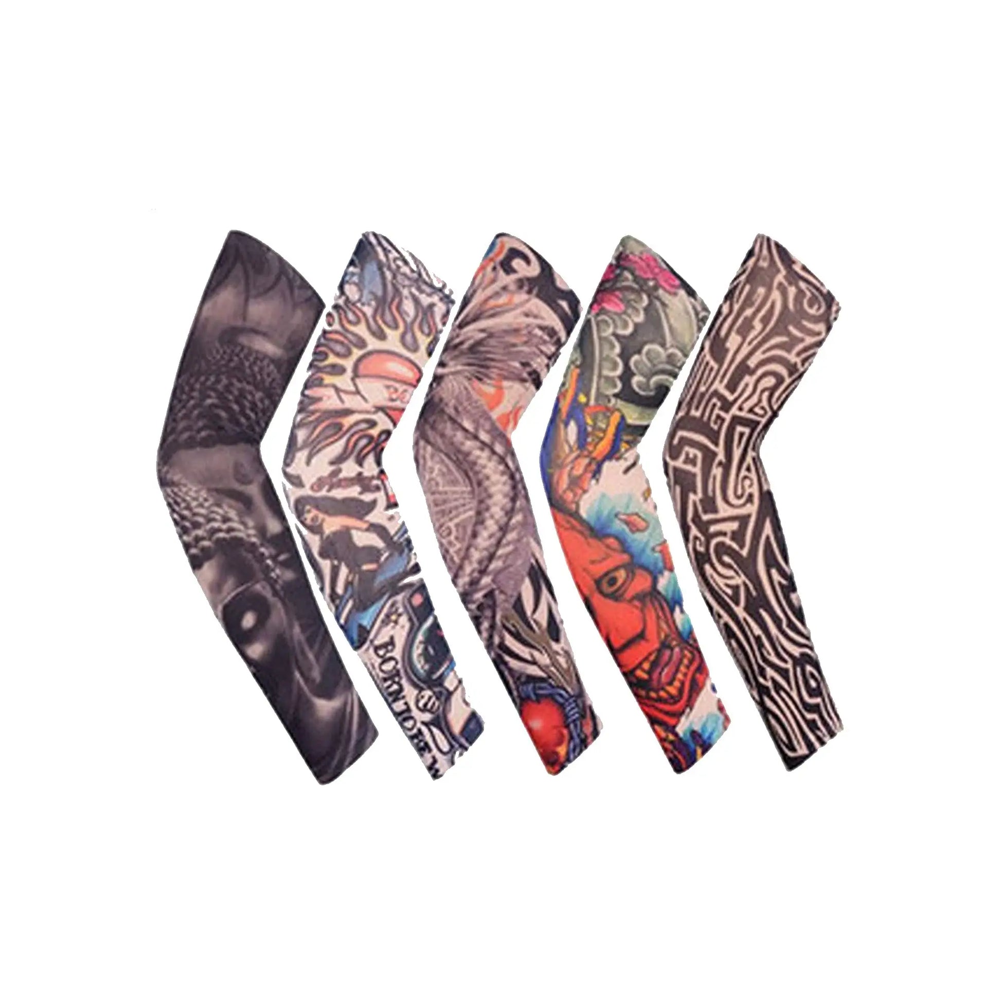 Assorted temporary tattoo sleeves, black-and-red tribal and skull designs, full-length