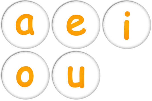 a e i o u :English Alphabet Lower Case Orange Colour Pinback Buttons Badges/Pin 1 Inch Set of 5 New