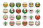 24 Mexican-themed pinback buttons with colorful circular designs and icons