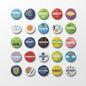 Round school lesson value pinback set with colorful icons and quotes, 24-piece