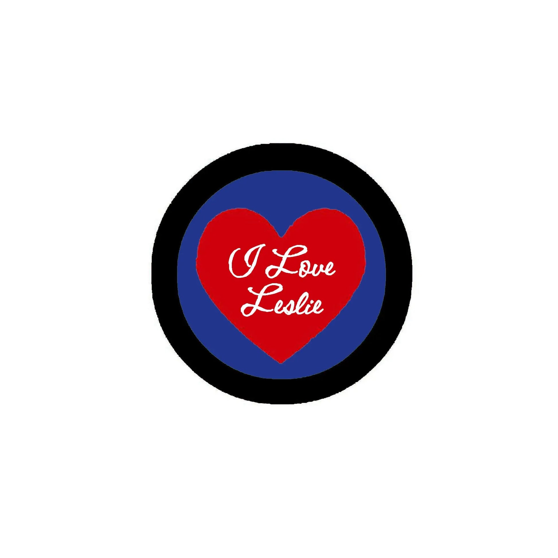 2.25-inch pinback button with black rim, blue background, red heart and 'I Love Leslie'.