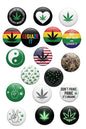 Set of 12 cannabis leaf pinback buttons with circular designs and varied text/icons