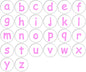 Set of 26 pink lowercase letter pinback buttons, circular with a–z