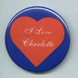 Heart-themed I Love Charlotte pinback button with blue border and red heart center