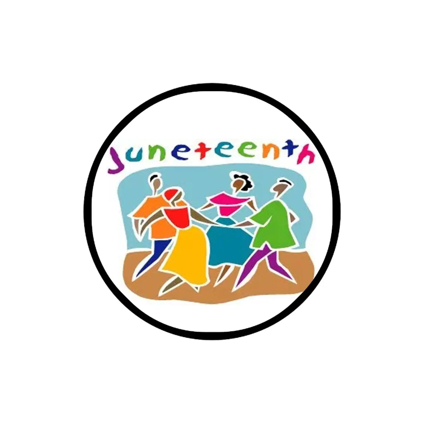 Round Juneteenth enamel pin with colorful dancers and text, black rim.