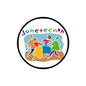 Round Juneteenth enamel pin with colorful dancers and text, black rim.