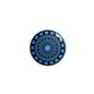 Round button pin with blue and black mandala burst design