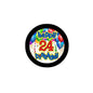Round Happy 24 birthday pinback button with colorful text and balloons
