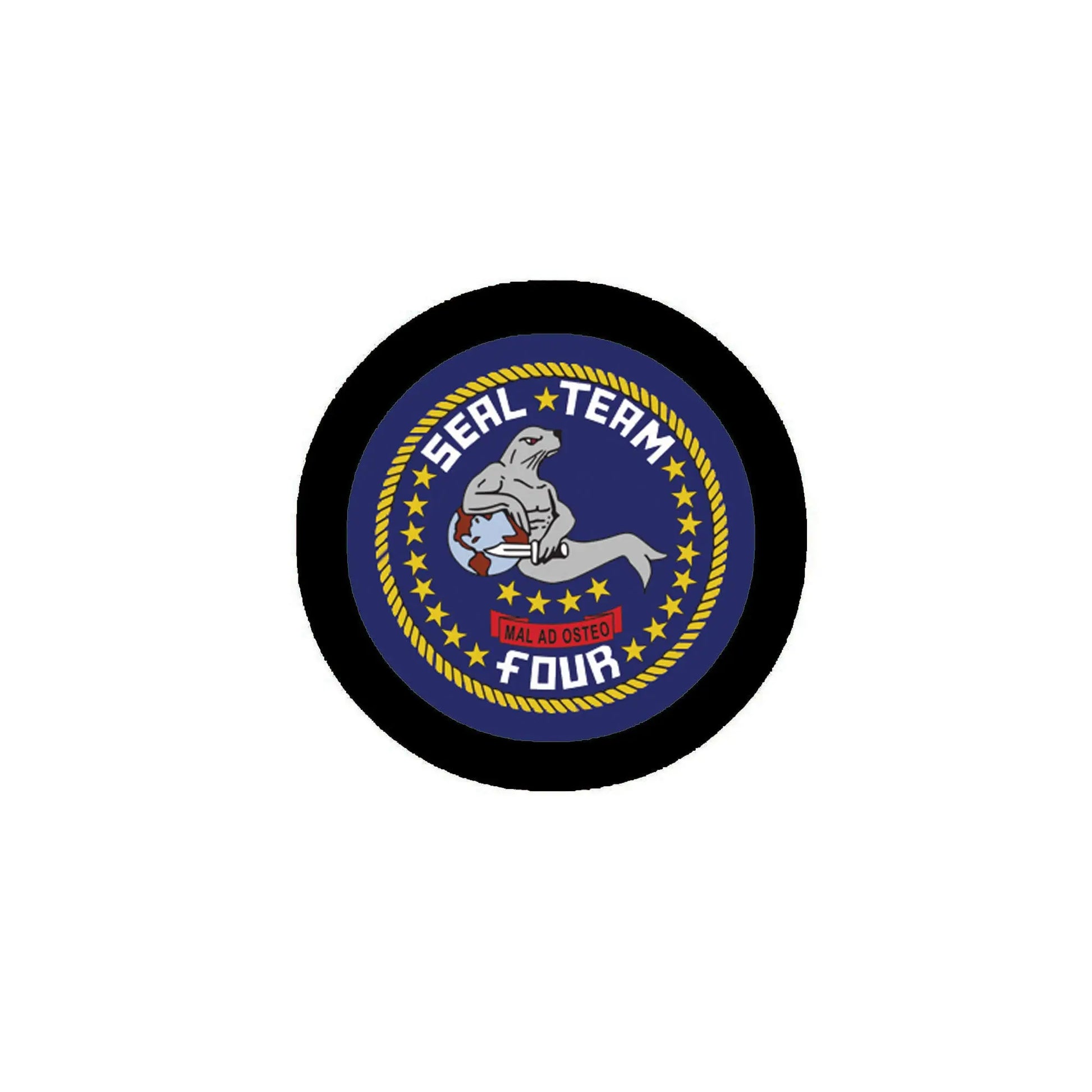 Round enamel lapel pin with navy blue SEAL Team 4 logo and black rim