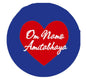 2.25-inch pinback button, blue circle with red heart and white Om Namo Amitabhaya text