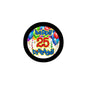 Round Happy 25th birthday pinback with colorful lettering and balloons