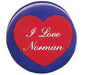 Red heart pinback button with white script text: "I Love Norman"