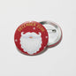 Santa beard pinback button with red face, DECEMBER 25TH text, white beard, silver backing