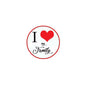 Round pin-back badge with red heart and 'I love my Family'