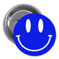 Blue smiley face 1.25-inch pinback button with silver metal pin