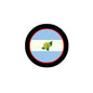 Circular pride flag pinback with black border, blue-white bands, green rose center