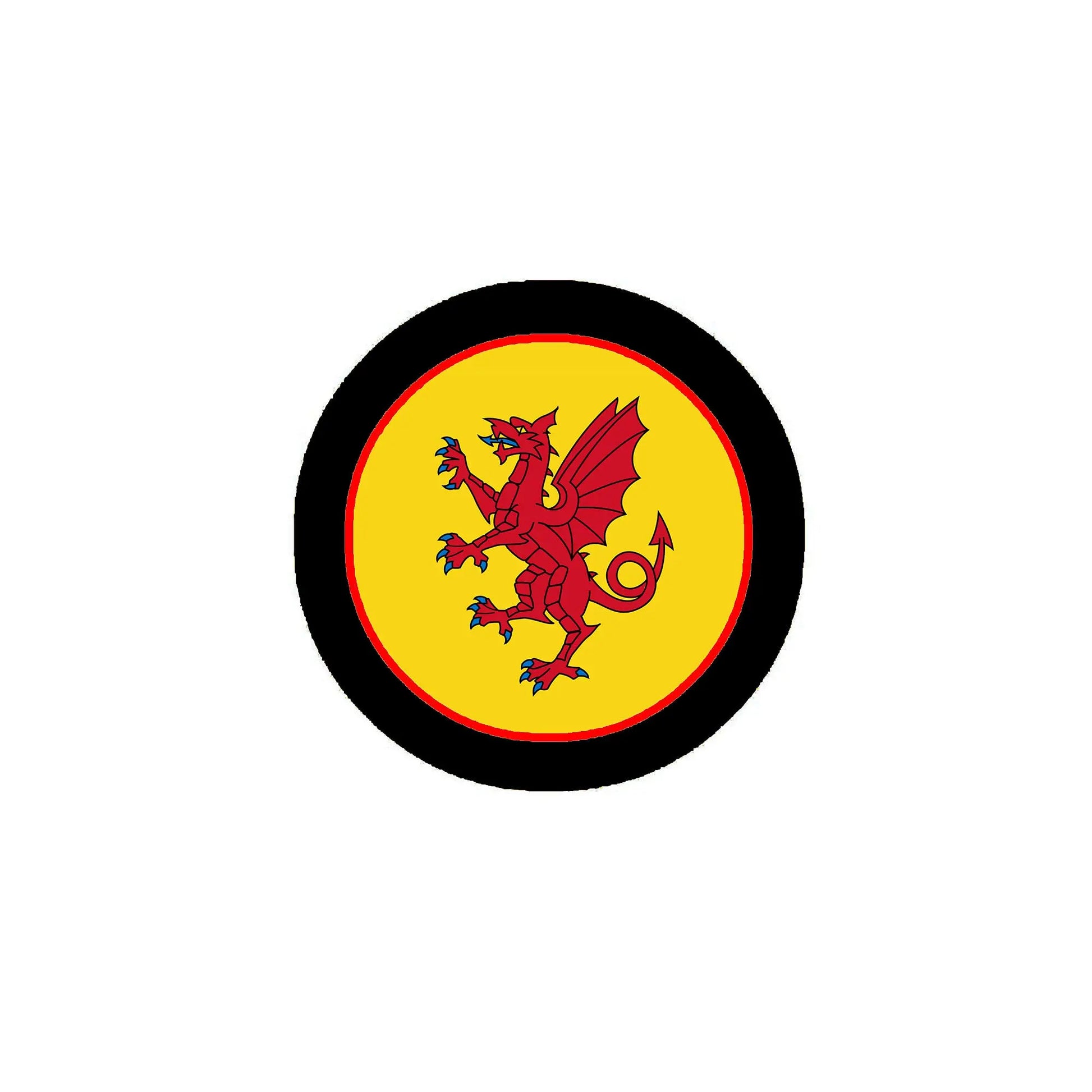 Circular flag pinback button with yellow shield and red lion, black outer rim
