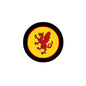 Circular flag pinback button with yellow shield and red lion, black outer rim