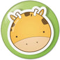 Round 58mm pinback button with cartoon giraffe face, green border.