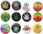 Assorted round cannabis-themed lapel pins with leaf graphics and “DRUGS” text