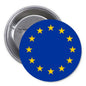 EU flag pinback button with blue face and yellow circle of stars, metal back and pin