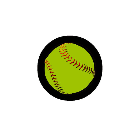 Baseball pinback badge with black rim and green baseball graphic