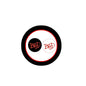 Round pinback button set with black outer ring, red border, split black/white centers with BAD