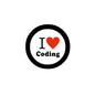 Coding badge pin with black ring, white center, “I ♥ Coding” and red heart