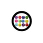 Round emoticon pin badge with black ring and multicolor smiley faces, 1.25 in
