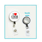 Retractable badge reel with round metal top and clear badge holder, I Heart One Direction design