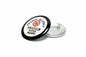 Round black pinback badge with peanut allergy warning and 'EpiPen inside' text