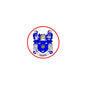 Round pinback badge brooch with blue family crest inside red border