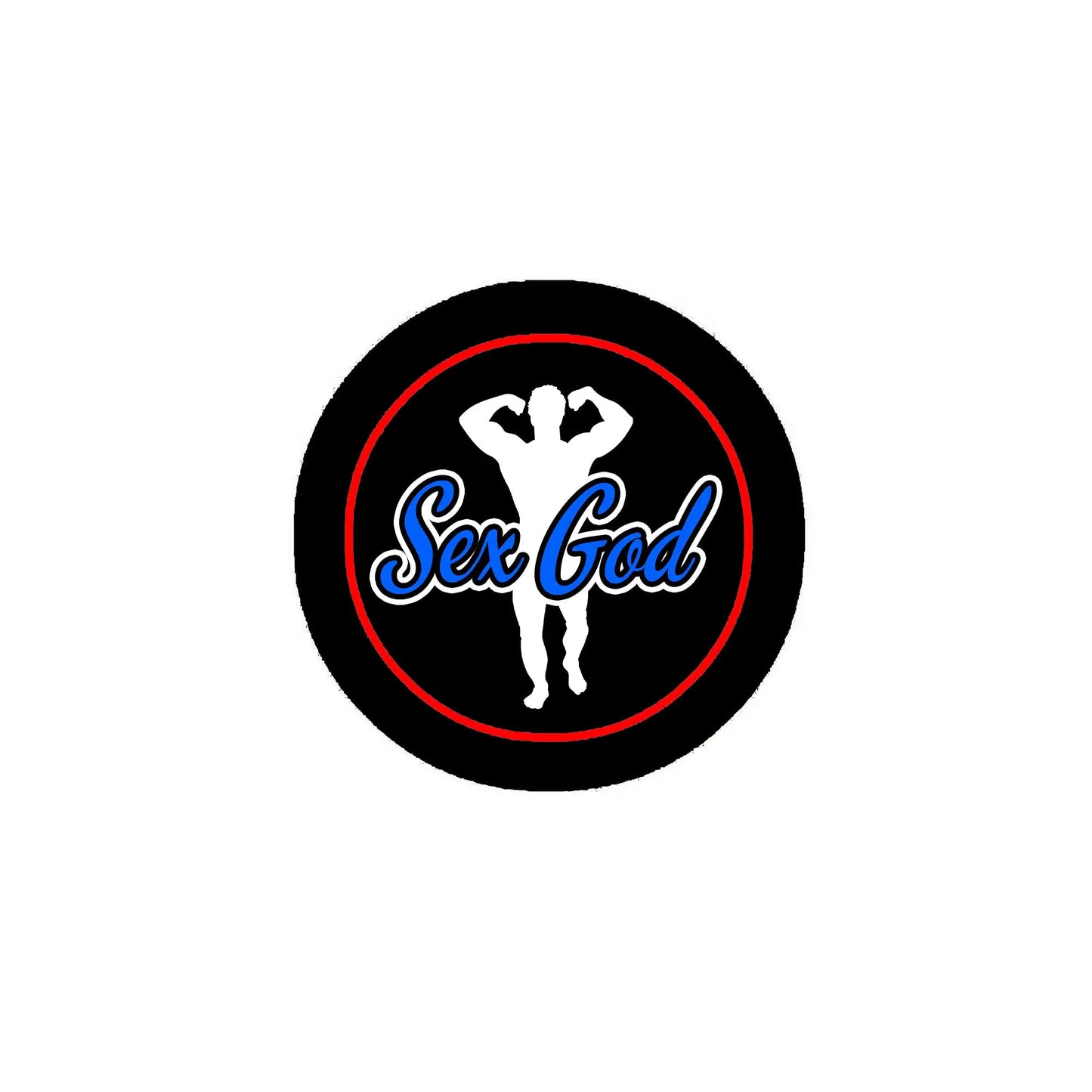 2.25-inch pinback button, black with red ring and blue “Sex God” text