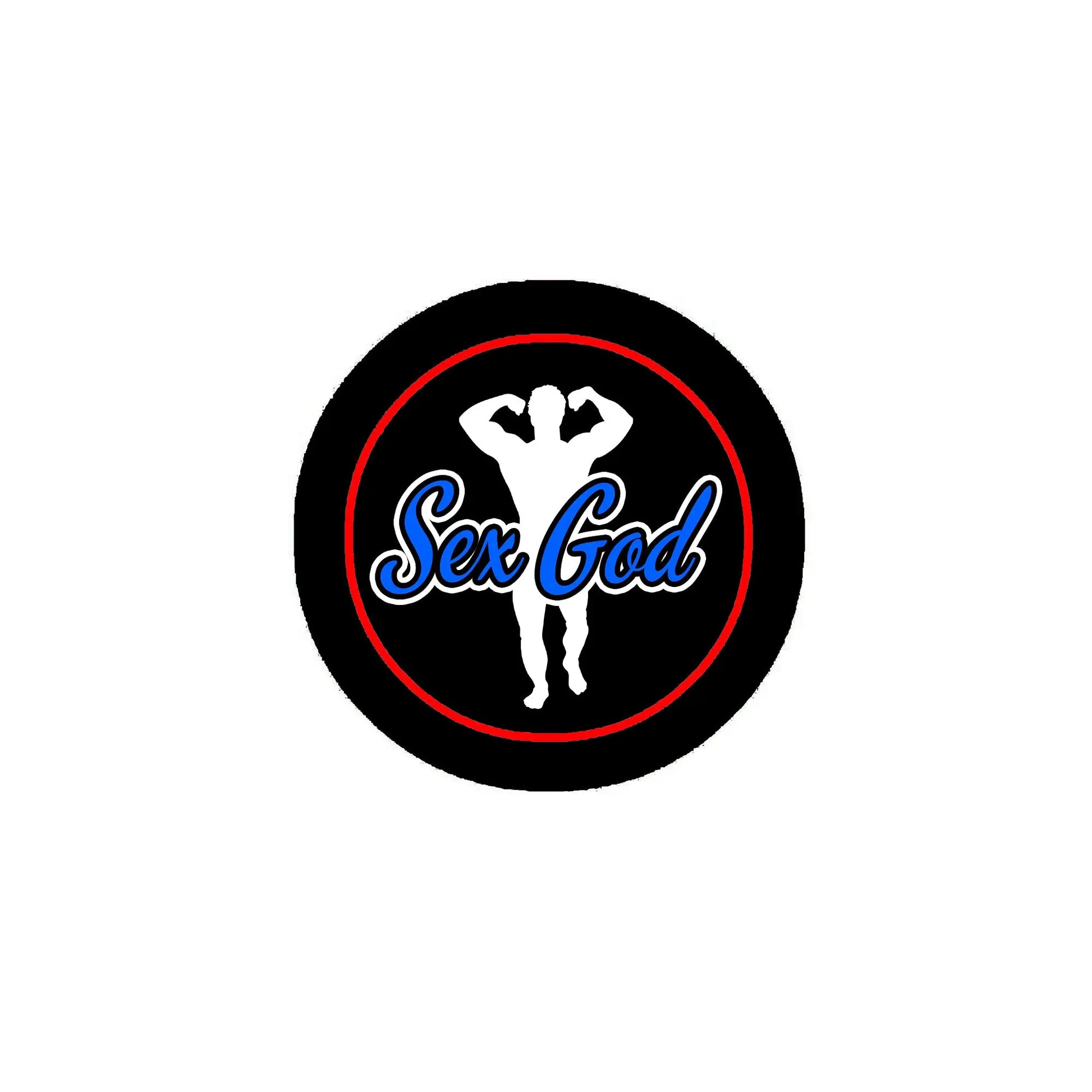 2.25-inch pinback button, black with red ring and blue “Sex God” text