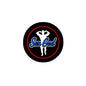 2.25-inch pinback button, black with red ring and blue “Sex God” text