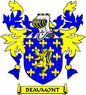 Beaumont family crest coat of arms badge with lion, crown, and fleur-de-lis