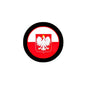 Poland flag pinback button with black rim, red-and-white eagle emblem