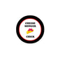 Round black-rim pinback button with white center 'Cheese Monger Chick' and yellow chick