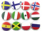 Set of round country flag badge pins, multicolor enamel-style designs